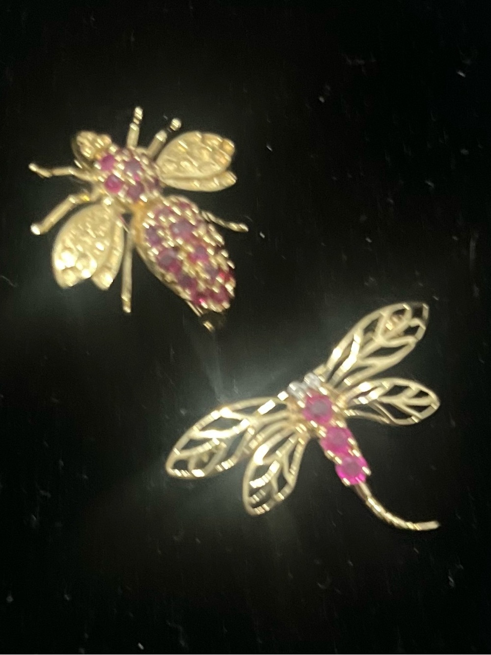 Gold Bee and Dragonfly Brooch Set with Pink Stones